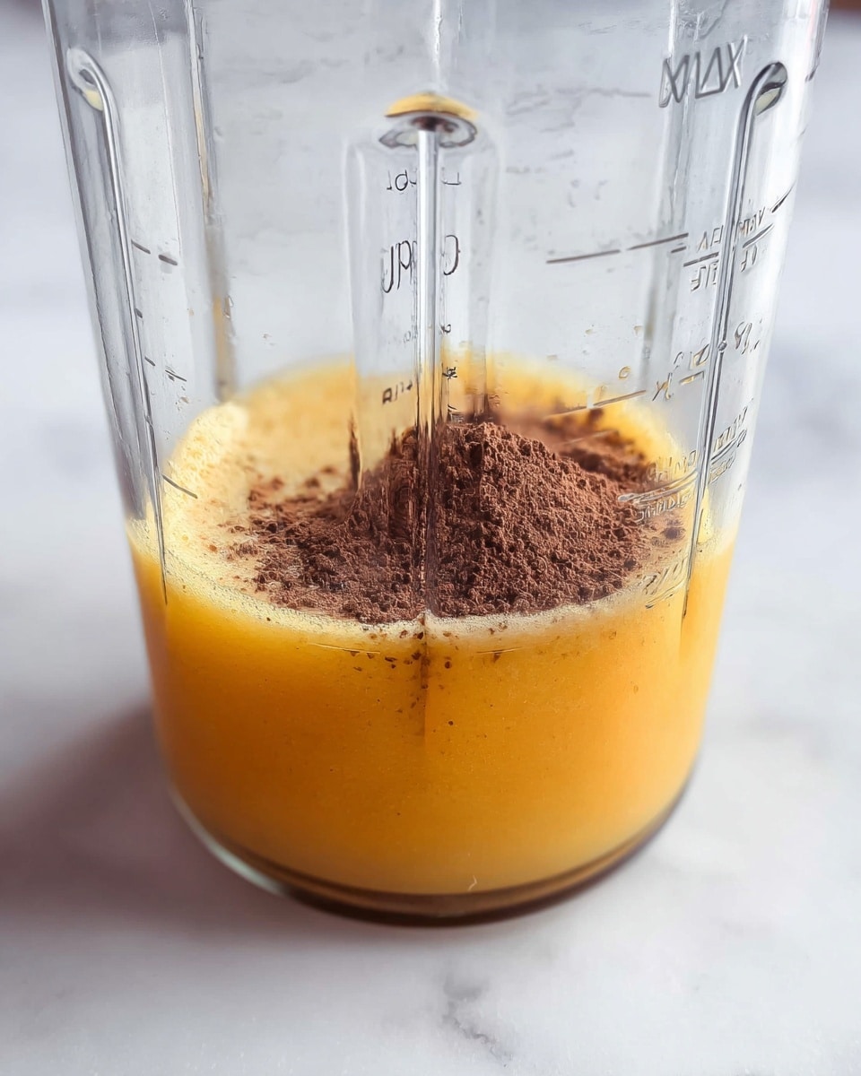 A clear blender container sits on a white marbled surface, filled just below halfway with a yellow-orange liquid. On top of the liquid, there is a small pile of dark brown powder, partially spread out. The container has clear, vertical ridges and a 'MAX' fill line visible near the top. The background is softly blurred white. photo taken with an iphone --ar 4:5 --v 7