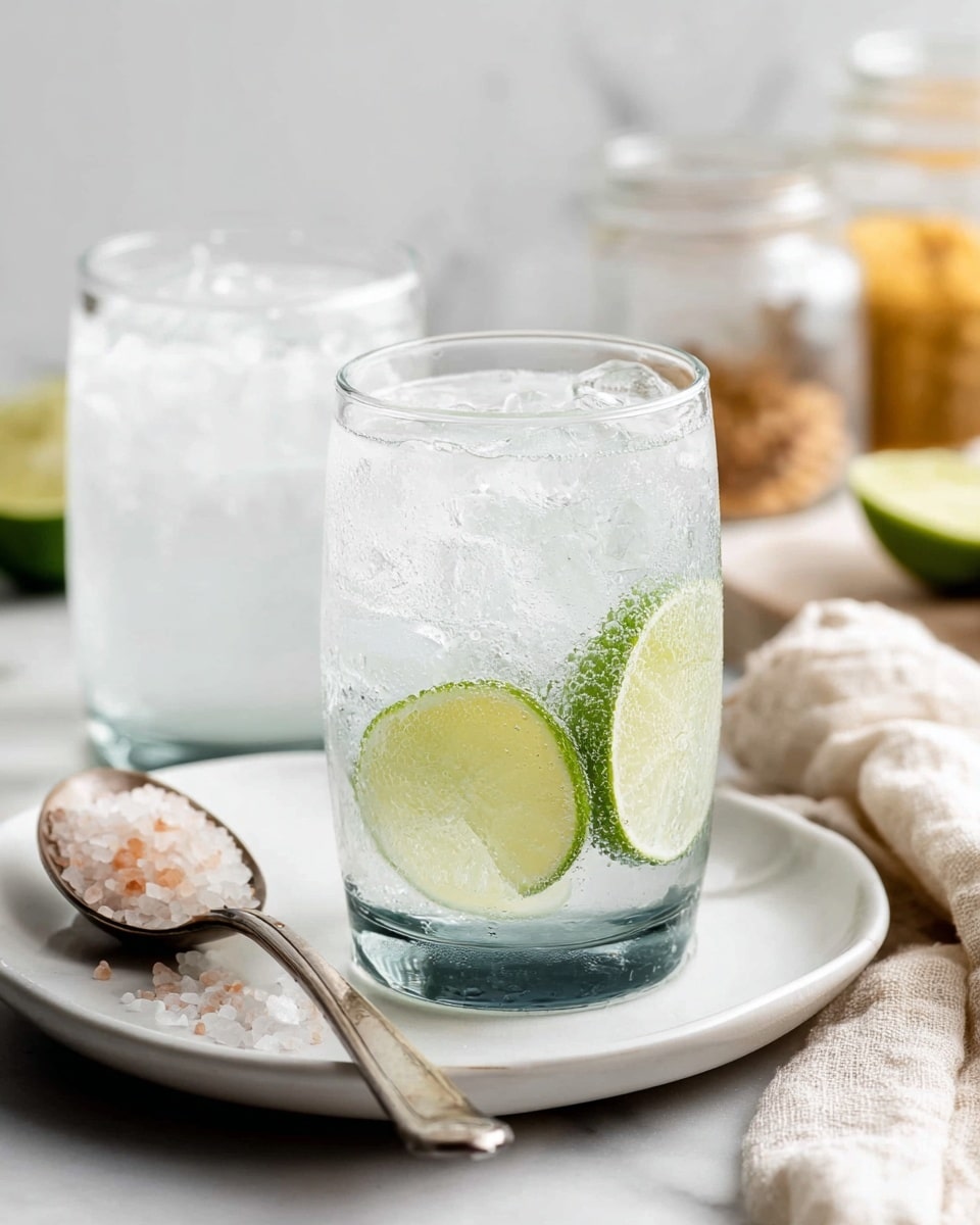 A clear glass filled with ice cubes and a fizzy, transparent liquid sits on a white plate. Inside the glass, there are three lime wedges showing bright green skin and pale green inside, layered among the ice and bubbles. Behind it, another clear glass contains more ice and a clear liquid. In front of the glass on the white plate, a silver spoon holds pink coarse salt crystals, with some salt grains spilled onto the plate. The background is a soft white marbled surface, with blurred jars and light-colored cloth nearby. A corner of a beige cloth is visible at the edge of the plate. photo taken with an iphone --ar 4:5 --v 7