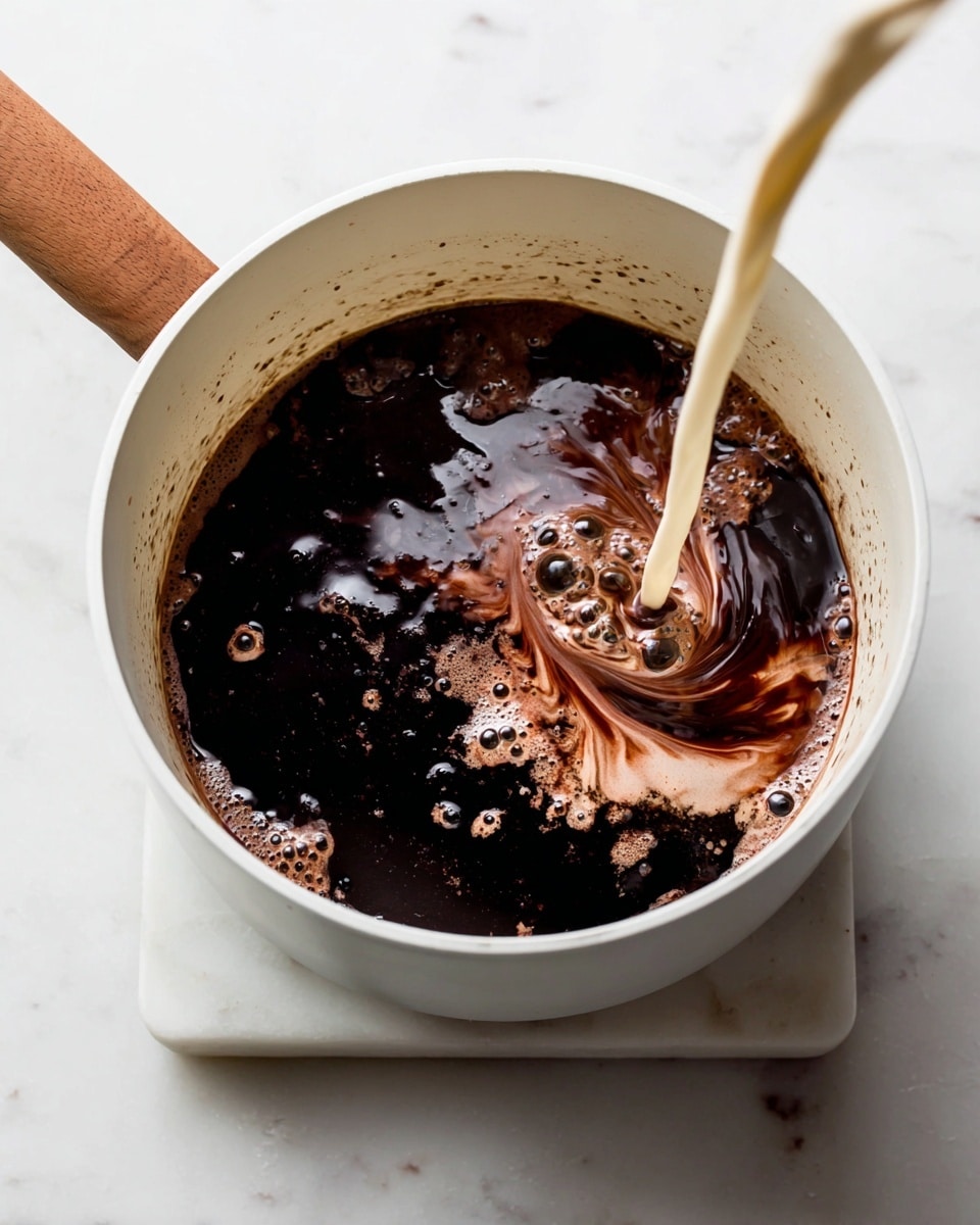 A white pot with a wooden handle sits on a white marbled surface, filled with a dark liquid that looks almost black. A lighter cream-colored liquid is being poured into the pot, swirling on the surface of the dark liquid and creating a marbled effect with bubbles and flowing textures. The pot rim shows small splashes of the dark liquid, adding detail to the scene. Photo taken with an iphone --ar 4:5 --v 7