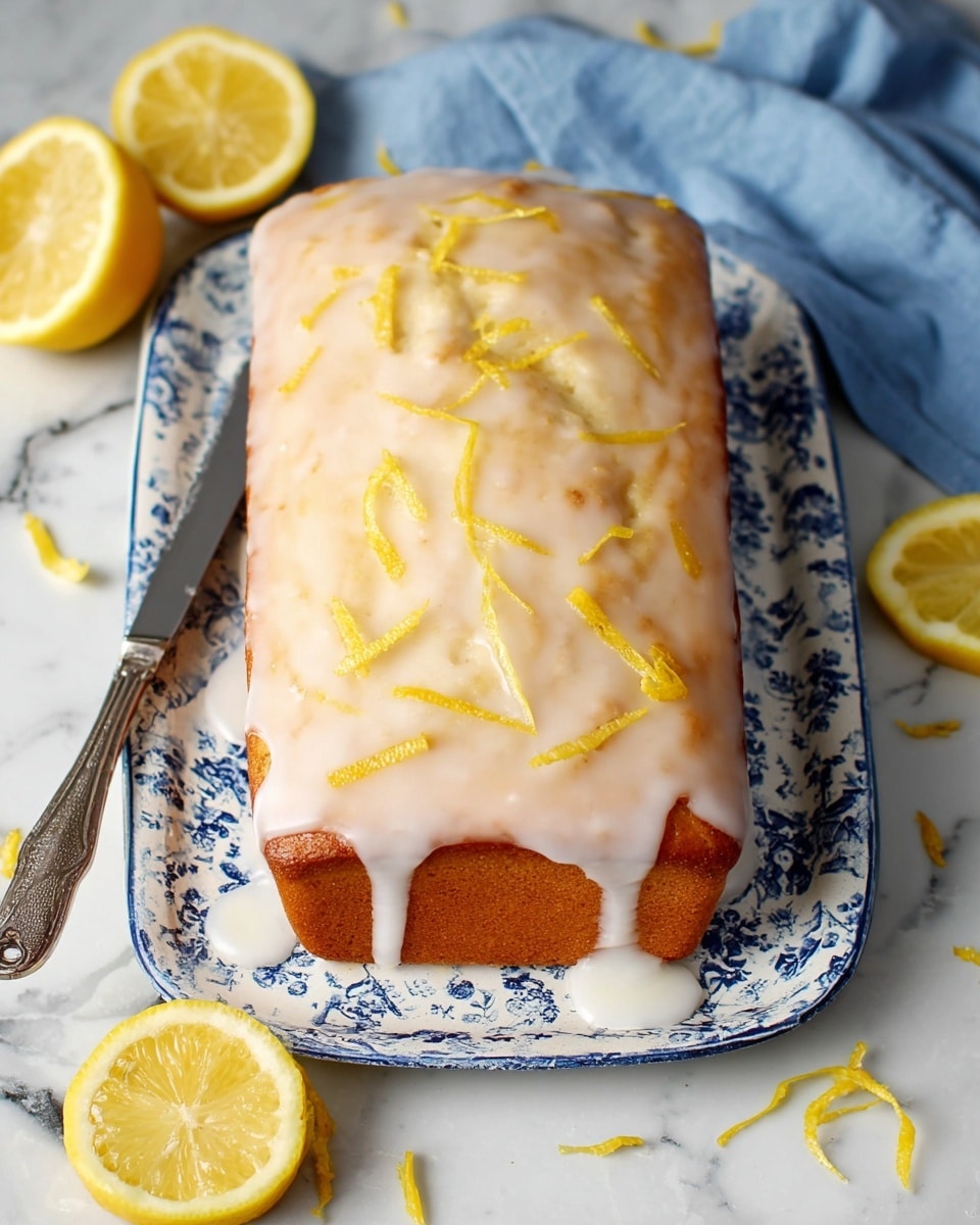 A rectangular lemon cake sits on a white plate with blue patterns, placed on a white marbled texture. The cake is covered with a shiny, smooth pale yellow glaze that drips slightly down the sides. Bright yellow lemon zest is sprinkled on top unevenly, adding small pops of color. Around the cake, there are two lemon halves showing juicy, pale yellow inside and a blue cloth nearby. A silver knife rests on the side of the plate, completing the scene. Photo taken with an iphone --ar 4:5 --v 7