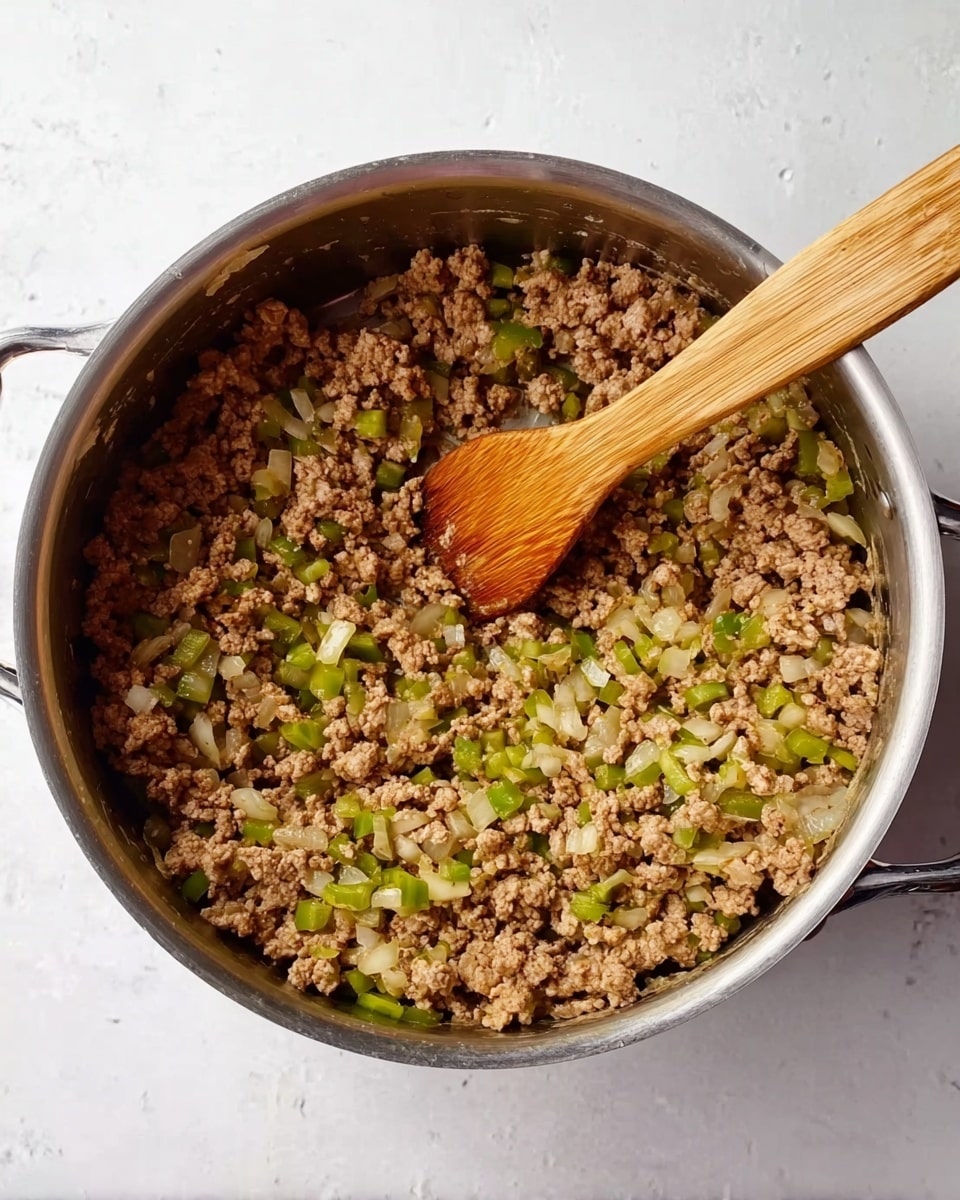 The image shows a metal pot filled with cooked ground meat mixed with small pieces of light green bell pepper and translucent diced onions. A wooden spatula is resting inside the pot, partially covered by the meat mixture. The pot has two handles and is placed on a white marbled surface. photo taken with an iphone --ar 4:5 --v 7