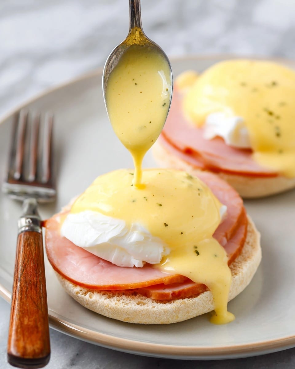 The image shows two open English muffin halves on a white plate, each topped with a slice of pinkish ham, a white poached egg, and smooth yellow hollandaise sauce being poured from a spoon over the egg in the front. The muffins have a slightly toasted texture with small crevices and a light beige color. The sauce is thick and creamy with a shiny surface, slowly flowing down the egg and ham. A silver fork with a wooden handle rests next to the plate on a white marbled surface. photo taken with an iphone --ar 4:5 --v 7