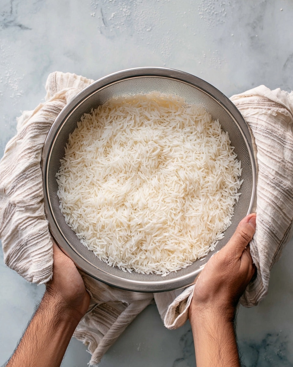 A metal colander filled with a single layer of white cooked rice, each grain long and fluffy, held by two woman's hands using light beige striped cloths on each side, set against a white marbled background that adds soft texture without distraction, photo taken with an iphone --ar 4:5 --v 7