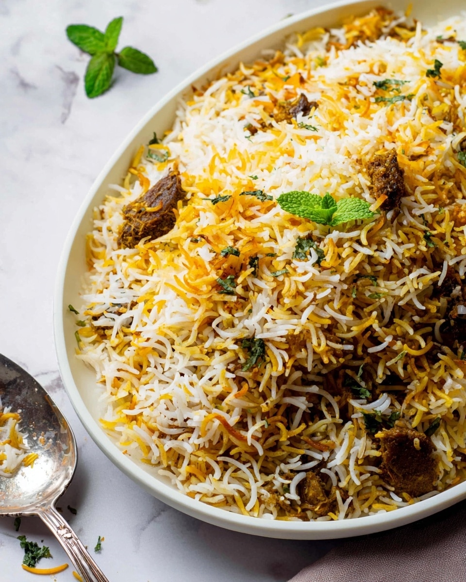 The image shows a white plate filled with biryani rice layered with colors of white and orange-yellow mixed evenly throughout. The rice grains appear long and fluffy with scattered pieces of cooked meat in dark brown. There are small green herb leaves sprinkled inside and a small mint leaf placed on top as garnish. Next to the plate, on a white marbled surface, there is a silver serving spoon with some rice grains on it. The overall look is colorful but natural with a mix of textures from the soft rice and tender meat pieces. Photo taken with an iphone --ar 4:5 --v 7