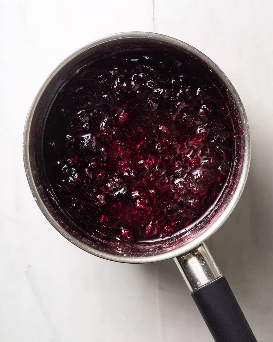 A close-up view of a small stainless steel pot filled with a dark purple, thick jam or sauce, with visible small fruit pieces and a glossy, slightly chunky texture. The pot is placed on a white marbled surface, and the jam appears rich and dense, with a shiny surface reflecting light. The handle of the pot is black with a silver end, extending to the right side of the image. photo taken with an iphone --ar 4:5 --v 7