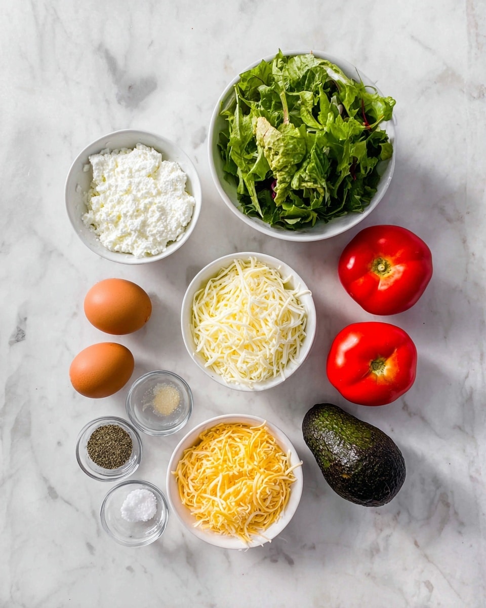 The image shows a white marbled surface with various fresh ingredients neatly arranged. There are two red tomatoes at the top right, a white bowl filled with mixed green leafy vegetables to their left, and another white bowl containing white cottage cheese above shredded yellow and white cheese in a separate white bowl. Below these, there are two brown eggs resting in a small white dish, a single dark green avocado placed nearby, and three small glass bowls containing ground black pepper, a light yellow powder, and salt arranged in a triangle near the bottom left. The presentation is clean and simple with vibrant colors standing out against the white marble photo taken with an iphone --ar 4:5 --v 7