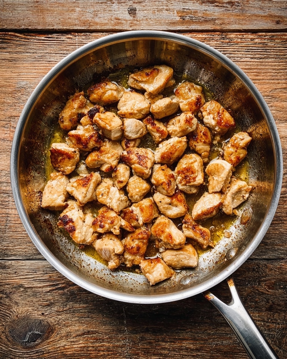 A round metal pan with a shiny silver handle holds many small, browned pieces of cooked chicken with light golden colors and some crispy edges. The chicken pieces are spread evenly inside the pan, showing bits of sizzling oil and some browned spots on the pan bottom. The pan sits on a rustic wooden surface with visible grains and texture. photo taken with an iphone --ar 4:5 --v 7