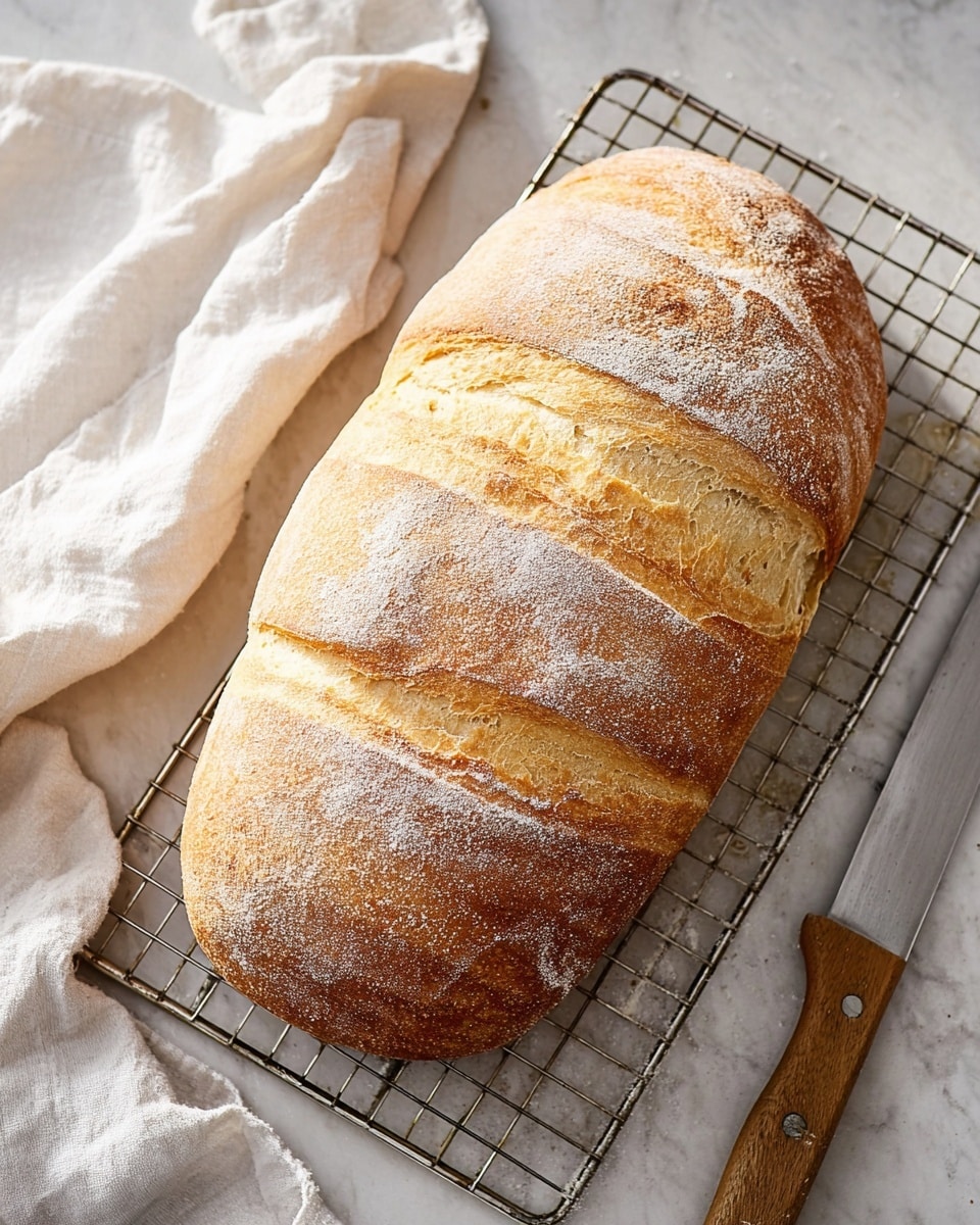 A loaf of golden brown bread with a lightly dusted flour surface rests on a cooling rack. The bread has three curved, shallow cuts on top, revealing a soft, light inner texture beneath the crisp crust. The edges of the loaf are slightly uneven, showing a rustic homemade appeal. To the right, a knife with a wooden handle lays on a white marbled surface, and a white cloth with soft folds frames the left side of the scene. The overall look is warm and inviting, with natural light highlighting the bread’s texture. photo taken with an iphone --ar 4:5 --v 7