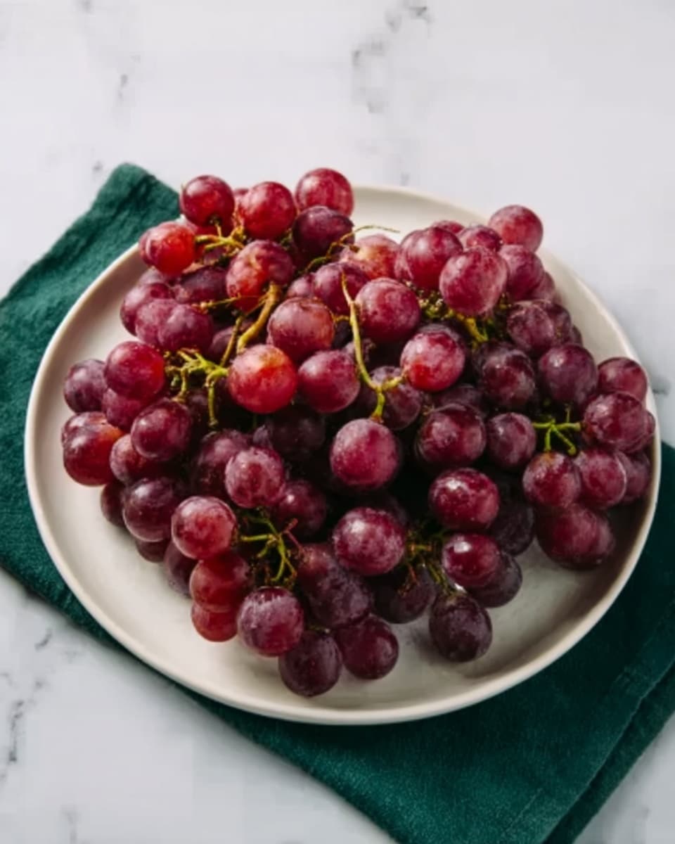 A bunch of red grapes is piled high on a white plate. The grapes are round, shiny, and vary from deep red to purple colors, tightly packed together with green stems visible through the clusters. The white plate sits on a dark green cloth napkin, all placed on a white marbled surface. Photo taken with an iphone --ar 4:5 --v 7
