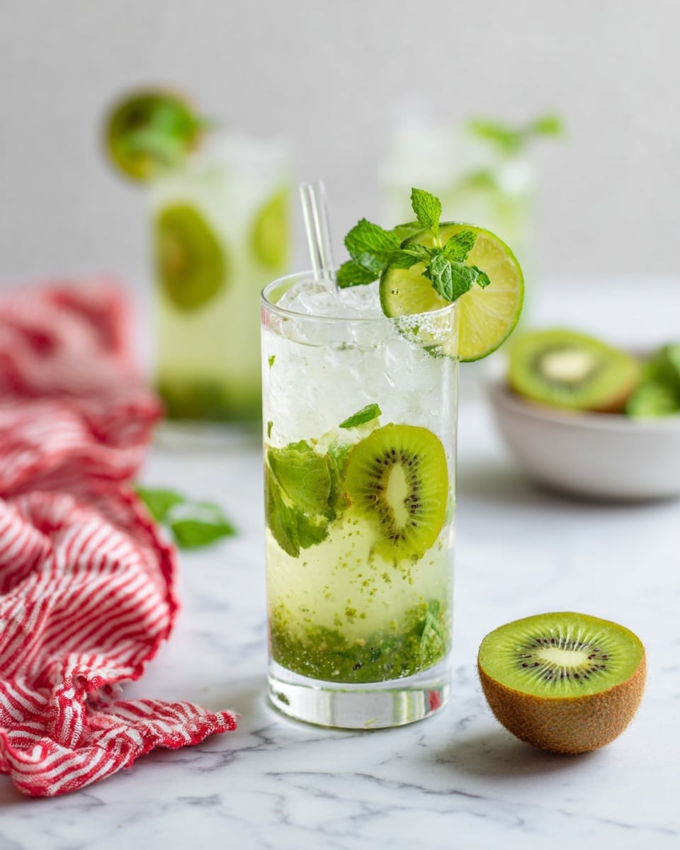 A tall clear glass filled with a light green drink that has visible layers of crushed kiwi fruit and fresh mint leaves at the bottom; above that, the drink is clear with ice cubes floating, a thin slice of lime placed on the side inside the glass, and a sprig of mint sticking out from the top; a clear glass straw leans inside the glass. The glass sits on a white marbled surface with a half slice kiwi in the foreground, a white bowl with green leaves and kiwi slices in the midground, and two similar drinks blurred in the background, along with a red and white striped cloth draped on the left side. Photo taken with an iphone --ar 4:5 --v 7