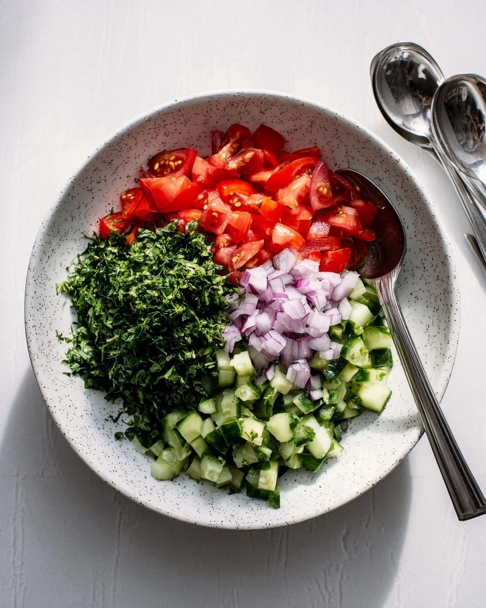 A white speckled bowl holds four distinct layers of fresh salad ingredients, each neatly placed side by side. On the left, bright red chopped tomatoes fill about one-third of the bowl, showing shiny, juicy textures. Next to the tomatoes is a mound of chopped leafy green herbs with a fine, delicate texture. At the center, there is a pile of small, pale purple diced onions with a crisp appearance. On the right side, chopped green cucumber pieces with their darker green skin visible form the last layer. Two shiny silver spoons rest on a white marbled surface to the upper right of the bowl. The whole scene is lit naturally, with clear, fresh colors and a clean look. photo taken with an iphone --ar 4:5 --v 7