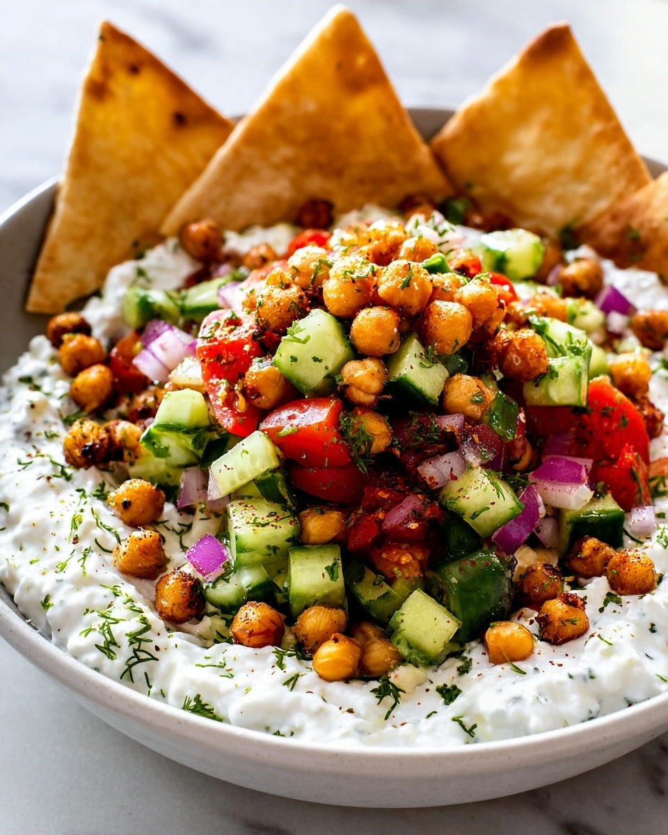 A white bowl holds three layers, starting with a thick creamy white cottage cheese base. On top of that is a colorful mix of chopped green cucumbers, red tomatoes, and small pieces of purple onion, all sprinkled with green herbs. Scattered over the vegetables are golden roasted chickpeas, adding a crunchy texture. Around the edges, three triangular pieces of light brown pita chips lean against the sides. The bowl sits on a white marbled surface, with soft natural light enhancing the fresh and vibrant colors. photo taken with an iphone --ar 4:5 --v 7