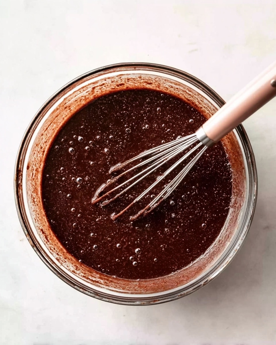 A clear glass bowl filled with thick, dark brown chocolate batter with small bubbles visible throughout, showing a smooth yet slightly textured surface. A whisk with a light pink handle is resting in the batter, coated with the same chocolate mixture. The bowl is placed on a white marbled surface, adding a clean and bright background to the scene. photo taken with an iphone --ar 4:5 --v 7