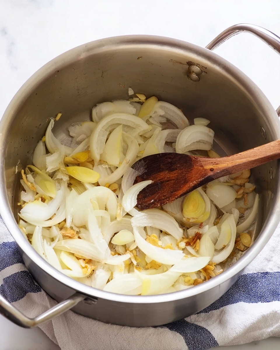 A large silver pot on a white marbled surface with a white and blue striped cloth under it contains sliced onions and ginger pieces being cooked. The onions are thick, white to light yellow, some with slight browning on the edges, and are spread unevenly in the pot. A wooden spoon with darkened edges is stirring the vegetables inside the pot. The pot's inside surface shows small browned bits from cooking. The background is simple and bright, focusing attention on the pot and its contents. photo taken with an iphone --ar 4:5 --v 7