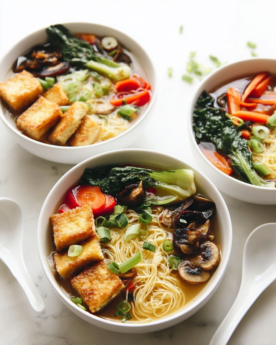 The image shows three white bowls filled with a clear broth soup on a white marbled surface. The front bowl has three layers: at the base are light yellow noodles floating in the clear soup, topped with golden-brown fried tofu pieces on the left side, grilled green leafy vegetables at the bottom, two dark brown mushroom caps on the right, and bright red carrot slices scattered with green scallion rings on top. The middle bowl behind it contains similar ingredients with tofu, mushrooms, leafy greens, and carrots all visible above the broth. The third bowl on the right edge shows mainly the red carrot slices and green scallion rings on top. Each bowl is accompanied by a white spoon resting beside it. The colors are fresh and warm, with textures from the crispy tofu to the smooth broth and soft vegetables. Photo taken with an iphone --ar 4:5 --v 7