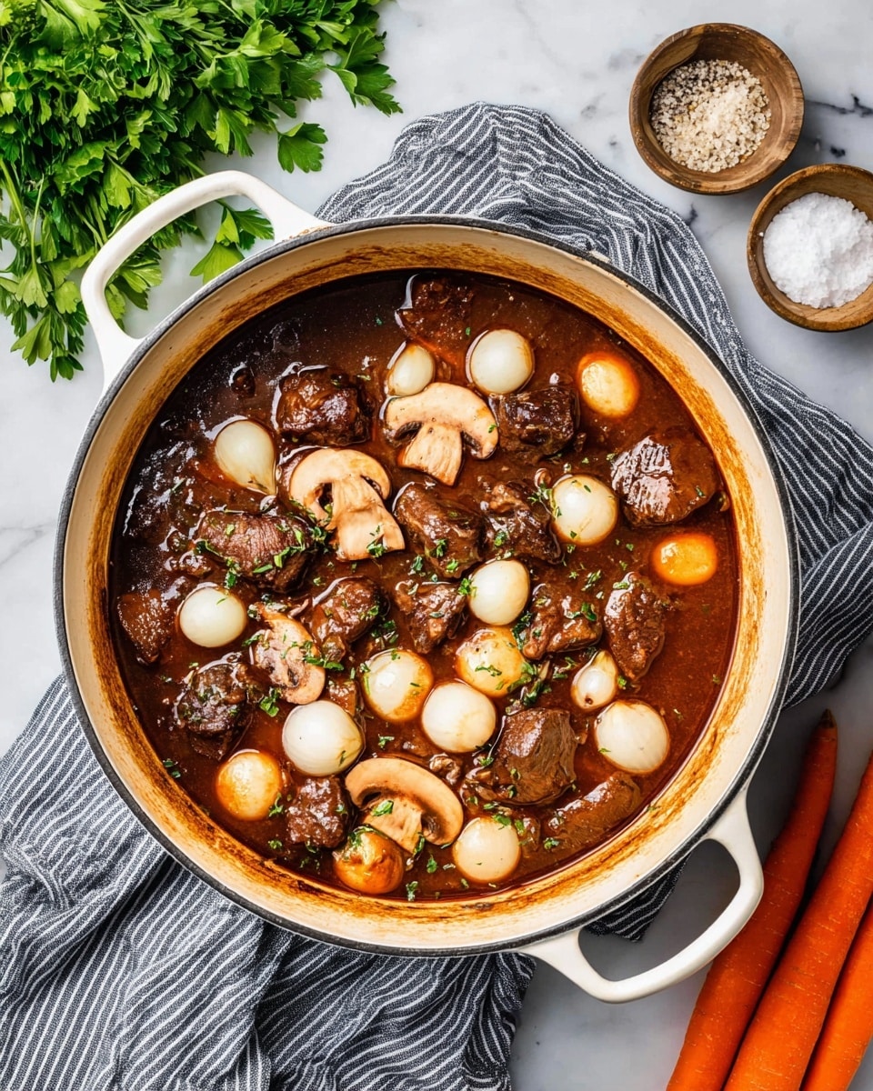 A white pot filled with a rich dark brown stew, showing tender chunks of browned meat as the base layer. On top, there are soft white pearl onions scattered evenly, mixed with thick slices of light brown mushrooms that add texture. The stew has a glossy surface with visible herbs and spices floating. The pot is set on a cloth with grey and white stripes, surrounded by fresh green parsley on the left, and two orange carrots with small white bowls of salt and pepper on the right, all placed on a white marbled texture background. photo taken with an iphone --ar 4:5 --v 7