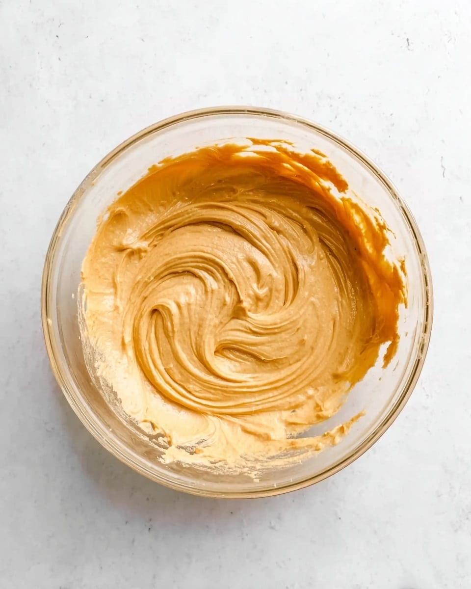 A clear glass bowl placed on a white marbled surface holds a thick, creamy mixture with a smooth texture. The mixture is light brown with hints of orange and is swirled in a spiral pattern in the center of the bowl, showing slight ridges and peaks from stirring. There are traces of the mixture spread thinly along the sides of the bowl, emphasizing the softness and stickiness of the mixture. The overall scene looks bright and clean, with the focus on the swirled creamy mixture inside the bowl. photo taken with an iphone --ar 4:5 --v 7
