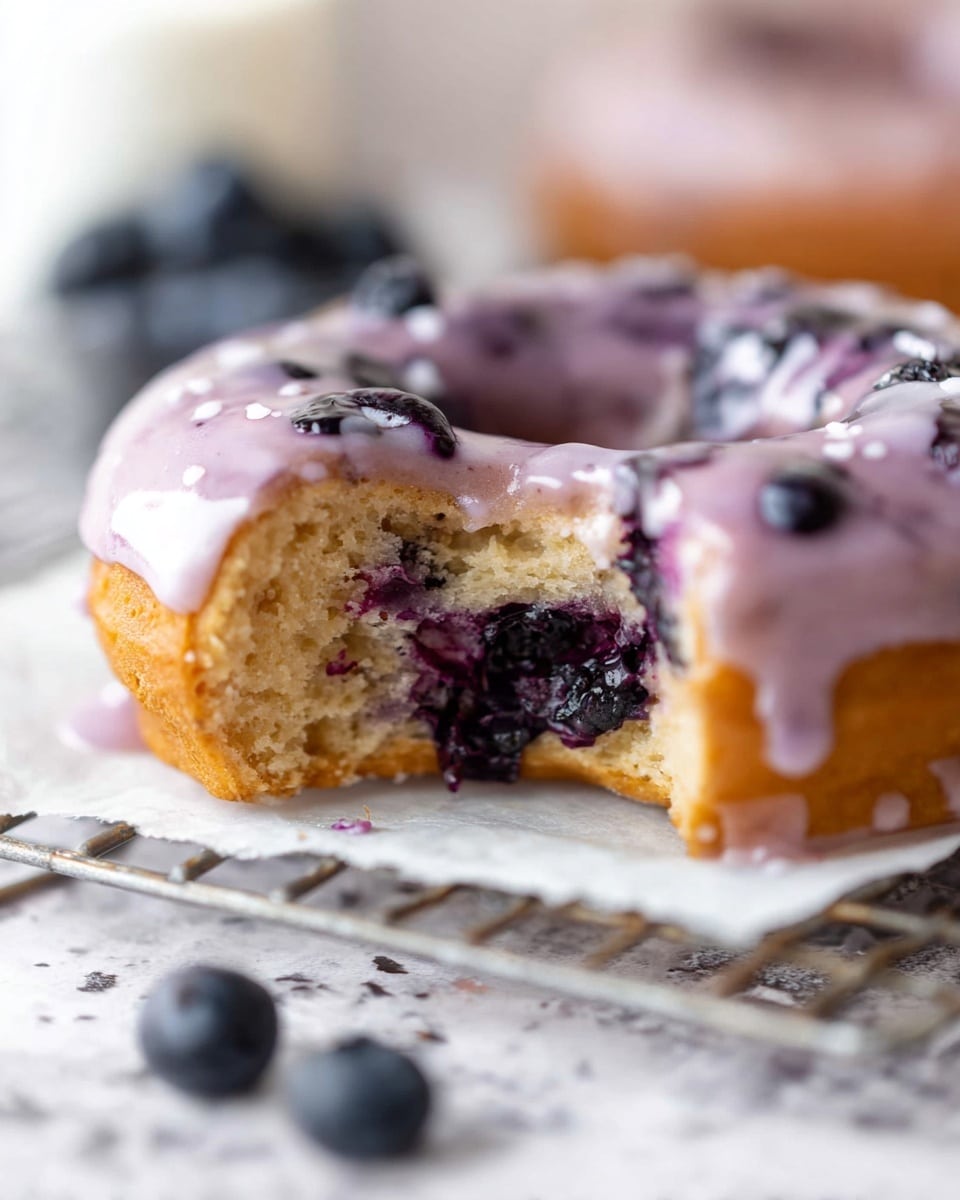 A close-up view of a donut with three layers: the base layer is light golden brown and fluffy with a visible juicy dark purple blueberry inside near a bite taken from the side; the middle layer is a thick, creamy lavender-purple glaze with small bits of blueberry mixed in, smoothly covering the top and sides of the donut; the donut sits on a piece of white parchment paper on a cooling rack, with two blurred dark blueberries in the foreground and a white marbled texture surface below. Photo taken with an iphone --ar 4:5 --v 7