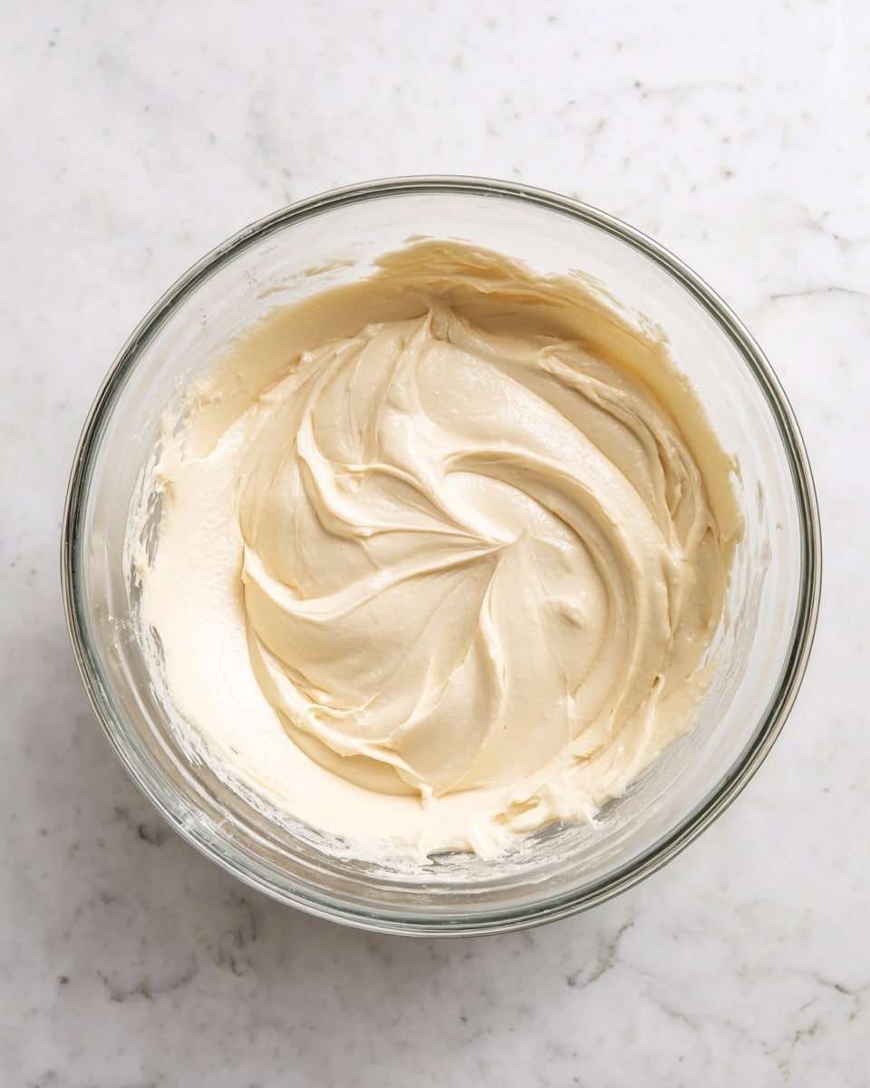 A clear glass bowl filled with creamy, smooth, pale beige batter with soft, thick swirls on the surface; the batter fills the bowl almost to the top, showing a rich and soft texture. The bowl sits on a white marbled surface visible around it, enhancing the light color of the batter inside. photo taken with an iphone --ar 4:5 --v 7