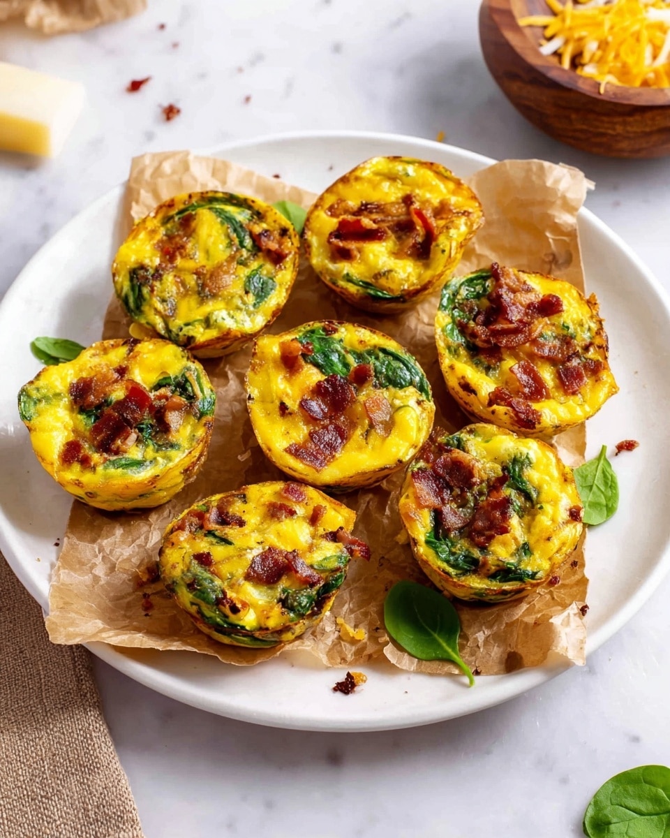 There are six small, round egg muffins on a white plate lined with crumpled brown parchment paper. Each muffin has a bright yellow cooked egg base with green spinach leaves mixed throughout, and bits of crispy reddish-brown bacon scattered on top and inside. The muffins have a slightly uneven, textured surface with browned edges from baking. The plate sits on a white marbled surface, with a few spinach leaves and small bacon crumbs around. A bowl of shredded cheese and a wooden bowl with crumbs are partly visible nearby. Photo taken with an iphone --ar 4:5 --v 7