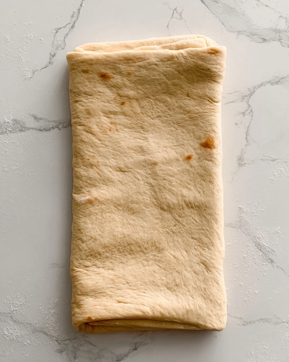 A rectangular piece of dough folded into three layers lies flat on a white marbled surface. The dough is light beige with a few small brown spots, showing a smooth texture with some slight wrinkles and unevenness. The layers are not separated but visible from the edges, giving a sense of thickness and softness. photo taken with an iphone --ar 4:5 --v 7