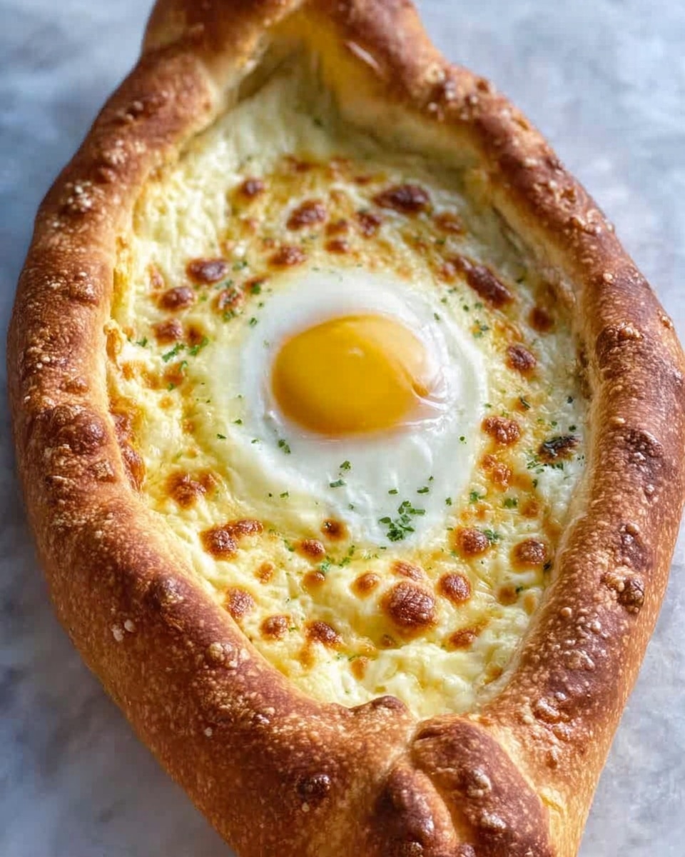 The image shows a boat-shaped baked bread with a golden brown crust, surrounding a creamy white cheese filling that is slightly browned and bubbly on top. In the center of the cheese filling, there is a perfectly cooked sunny-side-up egg with a bright yellow yolk and smooth white edges. The bread looks crispy and thick, with small browned bits on the crust giving it texture. The dish is placed on a white marbled surface. Photo taken with an iphone --ar 4:5 --v 7