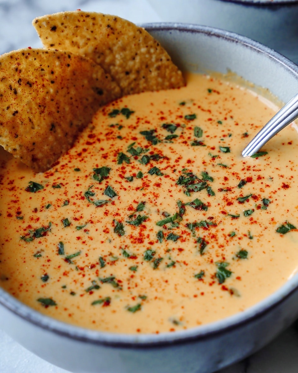 A close-up image of a white bowl filled with creamy, pale orange cheese soup sprinkled with small bits of green parsley and red paprika powder on top. Two round, light brown tortilla chips with visible seasoning rest partly dipped on one side of the soup. A silver spoon is partially submerged in the soup on the right side. The bowl is placed on a white marbled surface. photo taken with an iphone --ar 4:5 --v 7