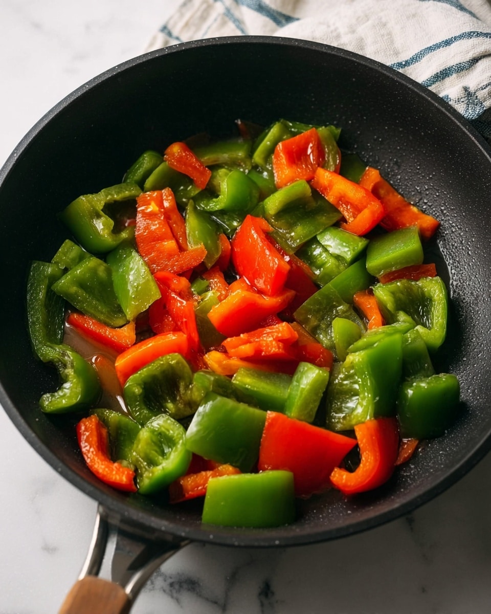 The image shows a black pan filled with chunky pieces of green and red bell peppers. The peppers are cut unevenly, some pieces showing the smooth shiny skin while others show the softer inner part. The bright green and vibrant red colors mix together inside the dark pan, making the peppers look fresh and slightly cooked. The pan sits on a white marbled surface with a soft white and blue striped cloth partly visible in the background. photo taken with an iphone --ar 4:5 --v 7