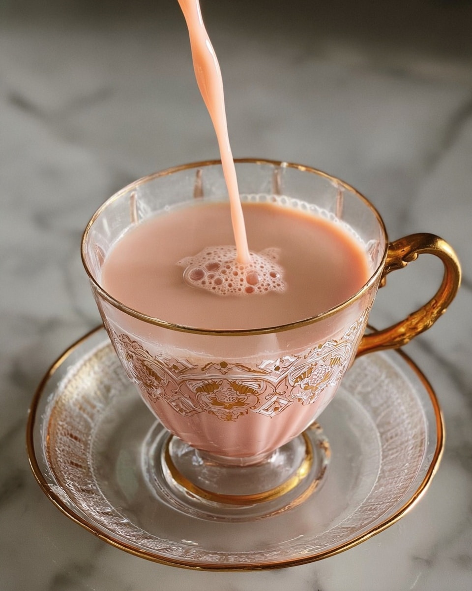 A clear glass cup with a gold rim and detailed patterns holds a light pink creamy drink. The cup sits on a clear glass saucer with a matching gold rim. A thin stream of the same light pink liquid is pouring into the cup, creating small bubbles on the surface. The whole setup is placed on a white marbled surface. photo taken with an iphone --ar 4:5 --v 7