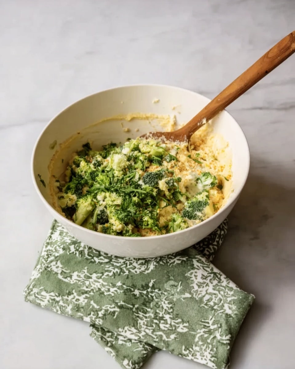 A white bowl sits on a white marbled surface, filled with a mix of ingredients. The bottom layer looks creamy and pale yellow, topped by a generous layer of chopped green broccoli and herbs, which add a fresh dense texture. A wooden spoon rests inside the bowl, partly submerged in the mixture. Behind the bowl, a green cloth with a white pattern lies folded flat. Photo taken with an iphone --ar 4:5 --v 7