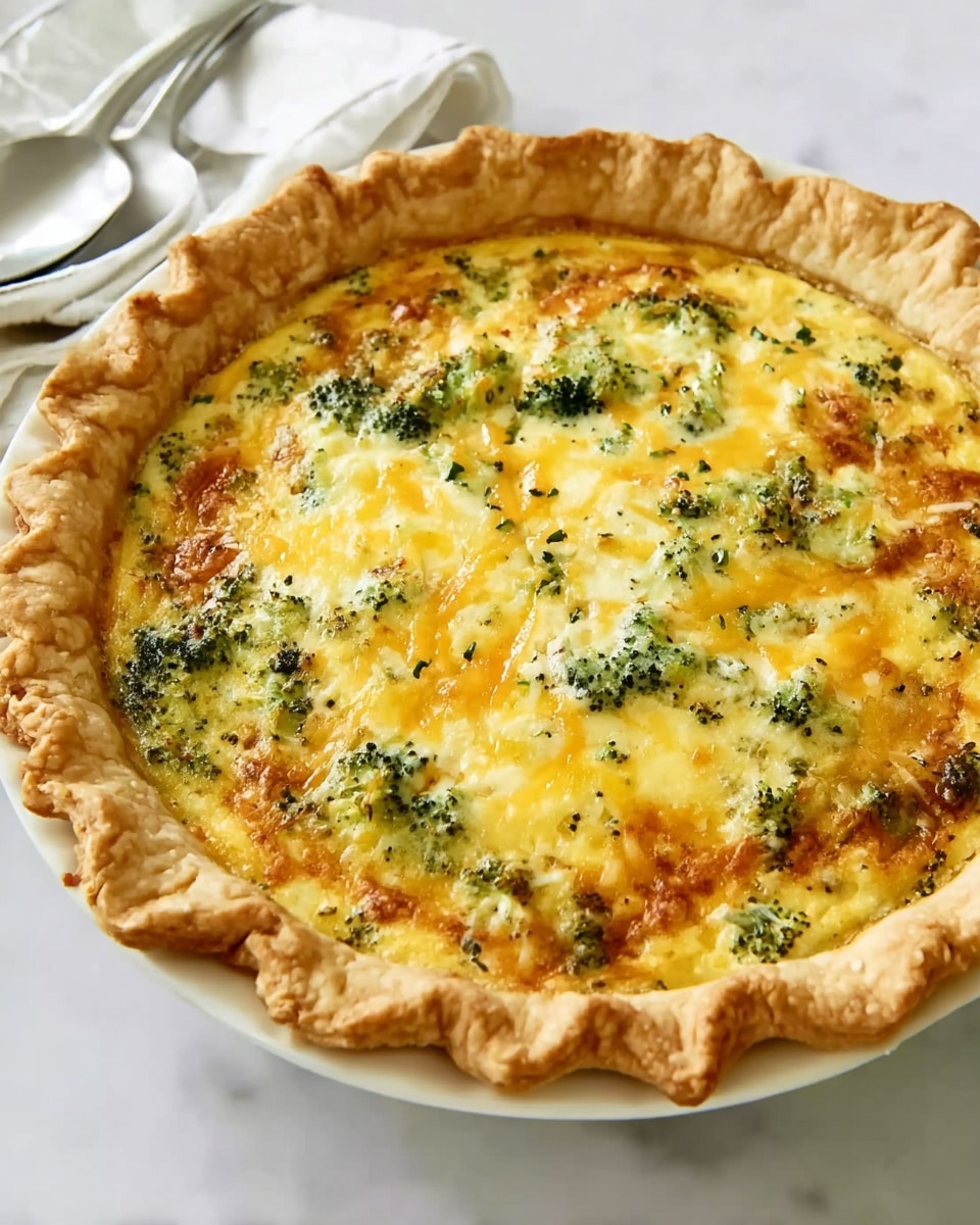 A round quiche with a golden brown crust that is thick, flaky, and uneven around the edge. The filling has a creamy yellow color with visible pieces of green broccoli and small bits of herbs scattered throughout. The top is slightly browned with melted cheese patches that add texture and rich tones of yellow and light orange. The quiche sits on a white plate on a white marbled surface, with a silver utensil visible in the background. photo taken with an iphone --ar 4:5 --v 7