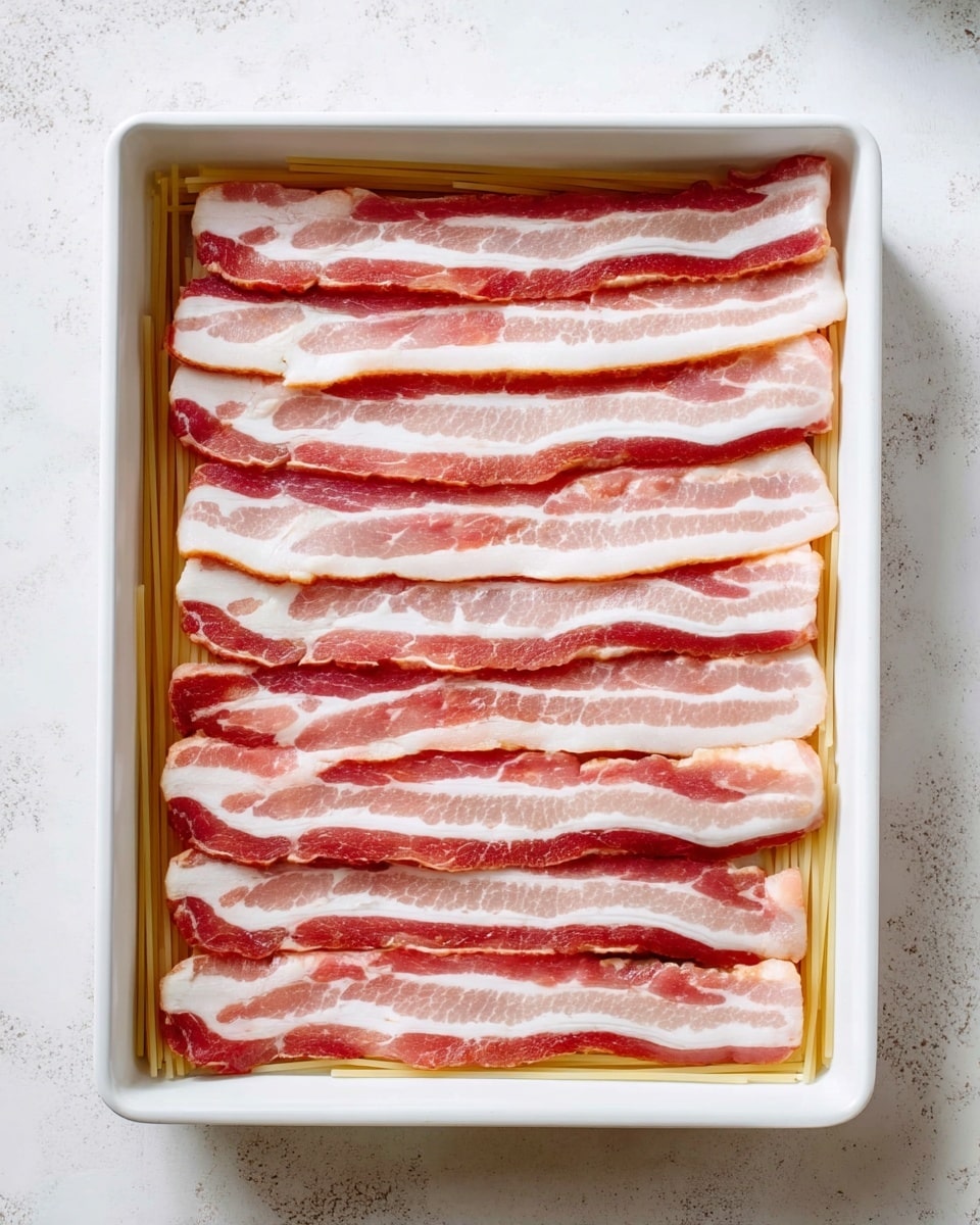The image shows a white rectangular baking pan filled with nine long, uncooked bacon slices laid flat side by side. Each slice has layers of pale pinkish-red meat mixed with white fat, creating a striped pattern. The bacon strips are evenly spaced to cover the entire bottom of the pan. The pan is placed on a white marbled textured surface, and at the bottom, uncooked spaghetti strands can be seen loosely arranged. Photo taken with an iphone --ar 4:5 --v 7