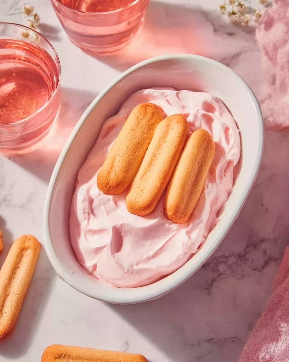 A white oval dish holds four light brown ladyfinger cookies at the bottom, neatly placed close to each other. On top of the cookies is a thick layer of pale pink creamy topping with soft, uneven swirls, giving it a fluffy appearance. The dish rests on a white marbled surface. Nearby, part of a glass filled with a pink liquid and a few scattered ladyfinger cookies can be seen. The scene has soft lighting and a gentle pink background. photo taken with an iphone --ar 4:5 --v 7