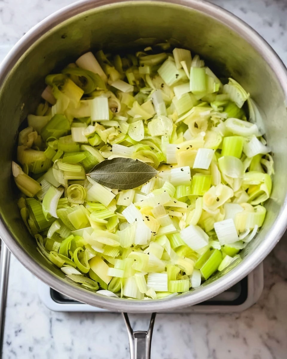 A close-up view inside a shiny silver pot filled with pieces of light green and white chopped leek layered evenly, with visible small cucumber seeds mixed throughout and a single dried bay leaf resting on top near the edge. The pot is placed on a stove with a white marbled surface, and the handle of the pot is seen extending to the right side. The colors are fresh and natural, showing the soft texture of the vegetables and the smooth reflective metal of the pot. photo taken with an iphone --ar 4:5 --v 7