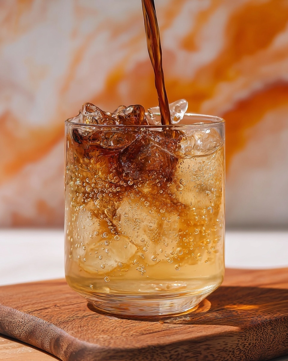 A clear glass filled with light golden sparkling liquid and ice cubes sits on a wooden board. Dark brown liquid is being poured into the glass, creating swirling patterns and bubbles inside. The background shows a blurred orange and a white marbled surface. photo taken with an iphone --ar 4:5 --v 7