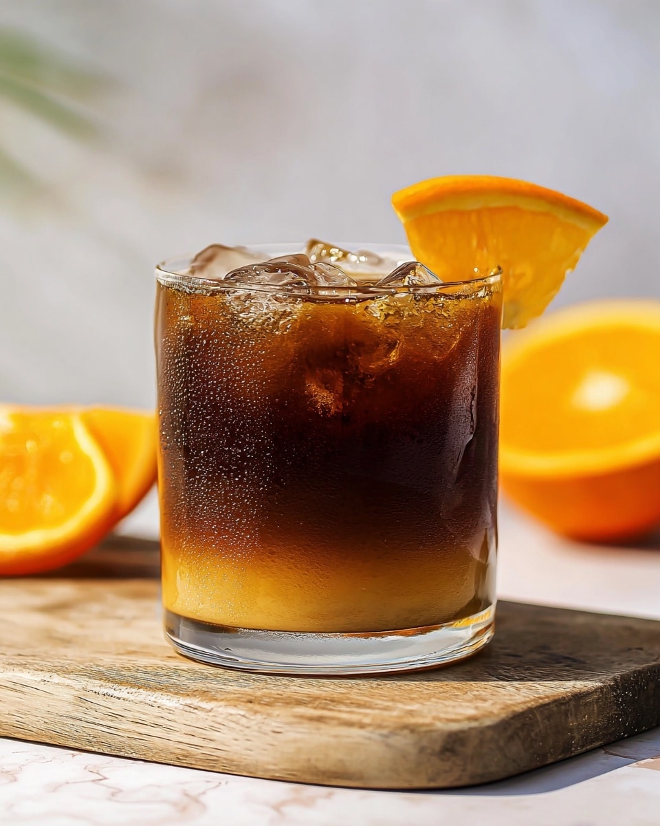 A clear glass with three layers of drink sits on a wooden board over a white marbled surface. The bottom layer is light amber and slightly cloudy. Above it, there is a dark brown layer that takes up most of the glass. Ice cubes float on top with tiny bubbles around them. A bright orange wedge is placed on the rim of the glass. In the blurred background, an orange fruit and a sliced orange are visible. The photo taken with an iphone --ar 4:5 --v 7