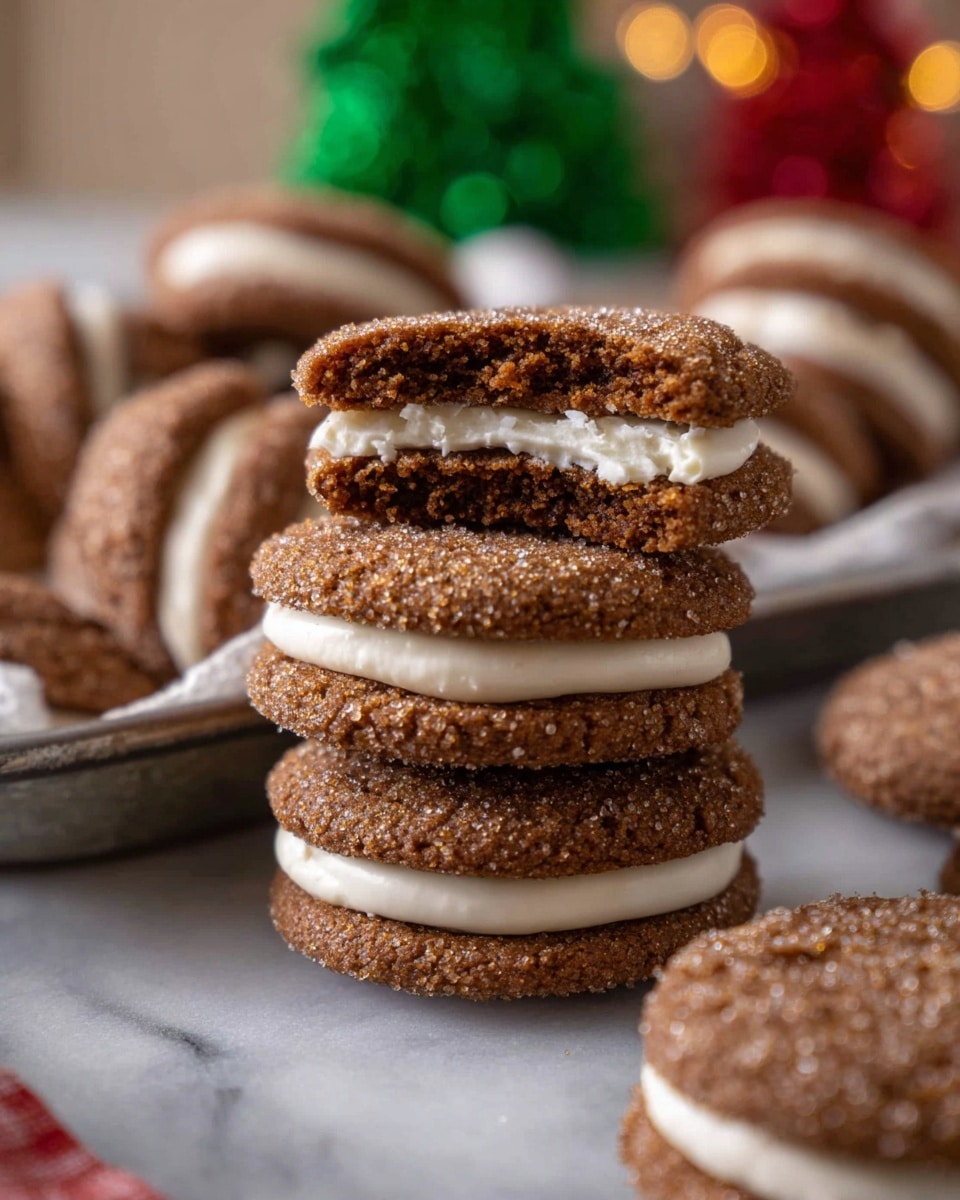 A close-up shot of a stack of three sandwich cookies, each consisting of two brown cookies with a rough sugar-crystal texture on the outside and a smooth white cream filling sandwiched in the middle layer. The top cookie on the stack is bitten to show the inside texture of the cookie and cream filling. The stack is placed on a metal tray with more sandwich cookies blurred in the background, all set on a white marbled surface. There is a small green decoration in the background with warm blurred colors behind it. Photo taken with an iphone --ar 4:5 --v 7