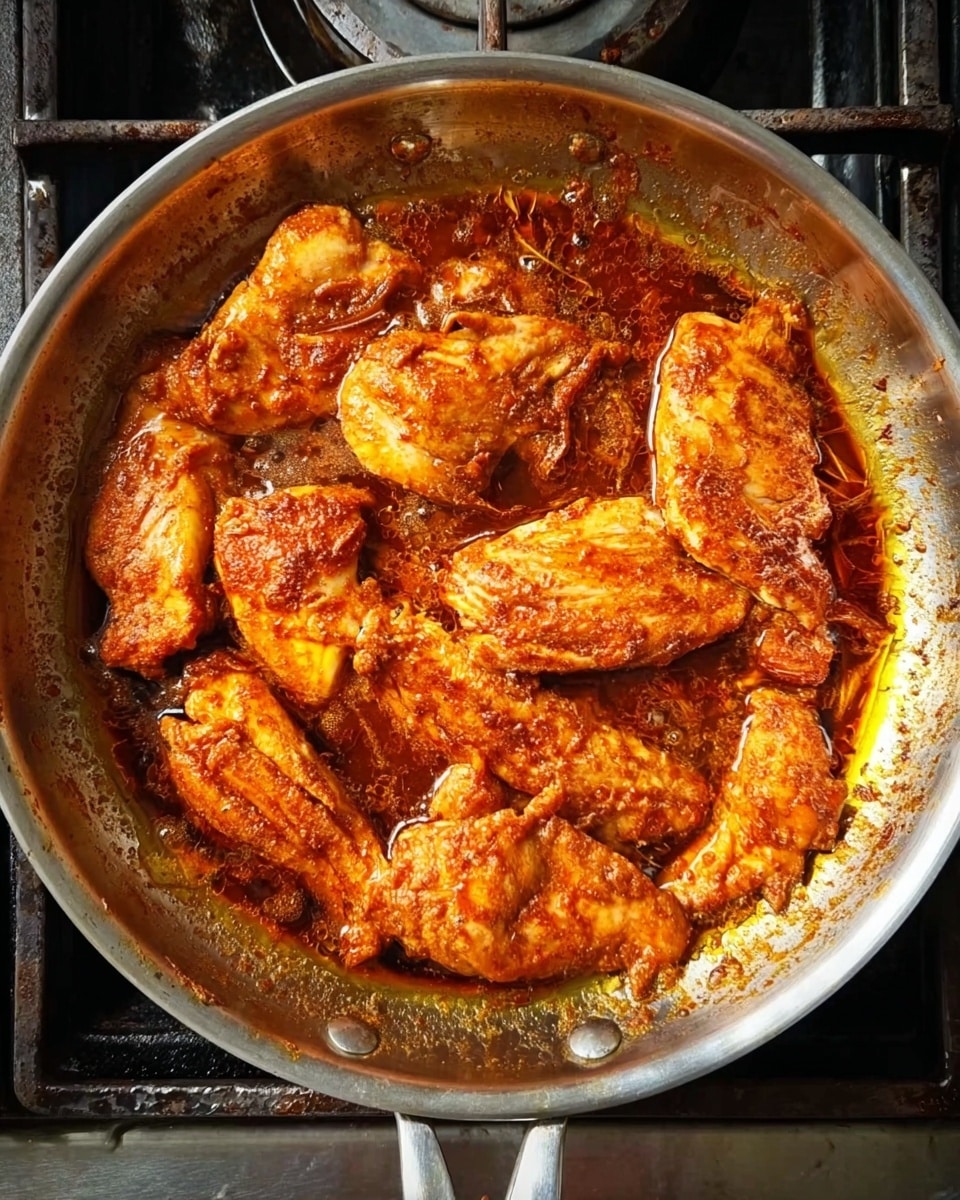 A close-up top view of a silver frying pan filled with several pieces of cooked chicken in rich reddish-brown spice sauce. The pieces vary in shape, showing different textures from smooth to slightly crispy, with oil and spices bubbling around them. The pan rests on a dark stove grill with some reflections on the metal surface. photo taken with an iphone --ar 4:5 --v 7
