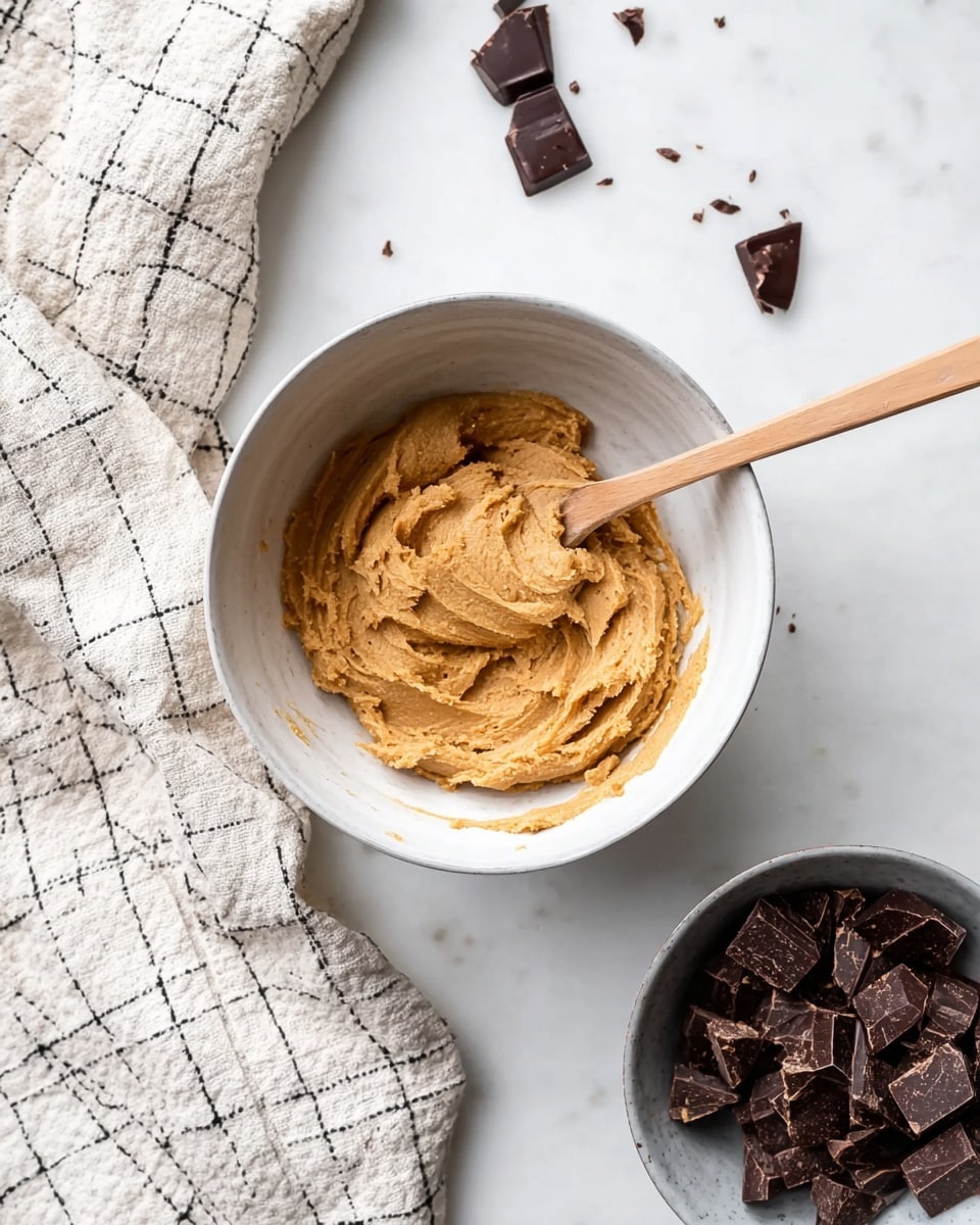 A top view of two white bowls on a white marbled surface; the larger bowl in the center contains smooth, light brown cookie dough with a wooden spoon resting inside it to the right, and the smaller bowl near the top edge is filled with broken dark chocolate chunks. A cream-colored cloth with a black grid pattern is partly visible on the left side, adding texture to the scene. Photo taken with an iphone --ar 4:5 --v 7