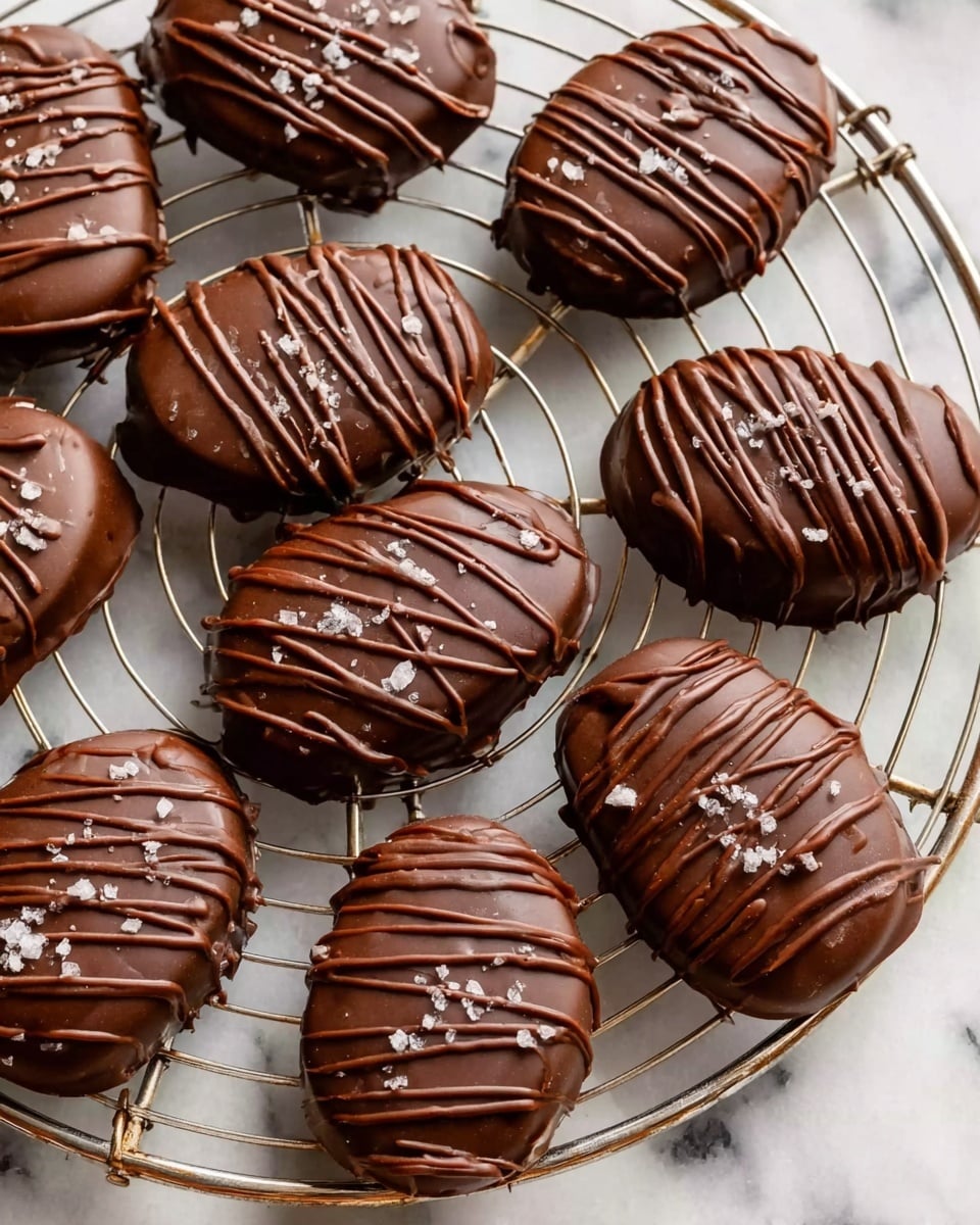 The image shows a group of chocolate-covered treats arranged on a round silver wire cooling rack, which sits on a white marbled surface. Each treat is shaped roughly like an oval and is fully coated in smooth, dark brown chocolate with thin, darker chocolate drizzle lines on top creating a striped pattern. Small flakes of sea salt are scattered lightly across the surface of each chocolate, adding texture and a slight contrast in color. The chocolate looks shiny and glossy, catching soft light that highlights the rich texture. The arrangement is somewhat casual but balanced, showing about eight treats close to each other. Photo taken with an iphone --ar 4:5 --v 7