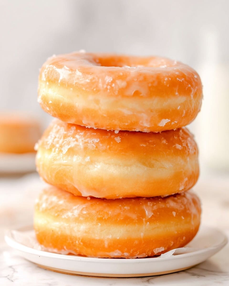 A stack of three round glazed donuts is shown close up. Each donut has a shiny light orange glaze that looks smooth with some crystalline sugar bits on top. The donuts have a soft, fluffy texture and a light golden-brown color under the glaze. The stack sits on a white round plate with a small rim, placed on a white marbled surface. The background is bright and softly blurred, creating a clean and fresh feel. Photo taken with an iphone --ar 4:5 --v 7