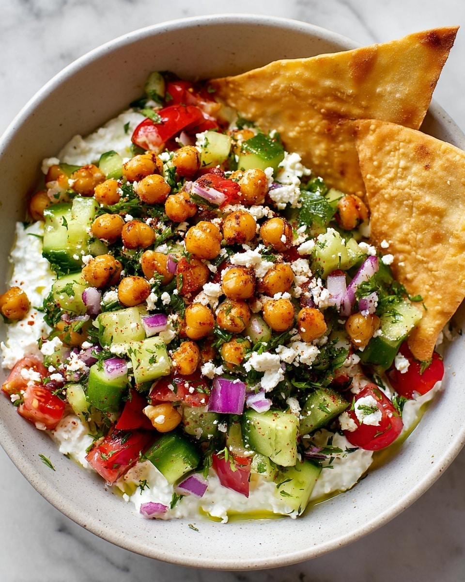 A creamy white cottage cheese layer fills the bottom of a white bowl, topped with a colorful salad of bright green cucumber chunks, red tomato pieces, and small purple onion bits mixed with green herbs. Scattered over the salad are round, crispy golden-brown chickpeas and small white crumbles of cheese. Two triangular pita chips, light golden in color, rest on the right side against the salad. The bowl sits on a white marbled surface. photo taken with an iphone --ar 4:5 --v 7