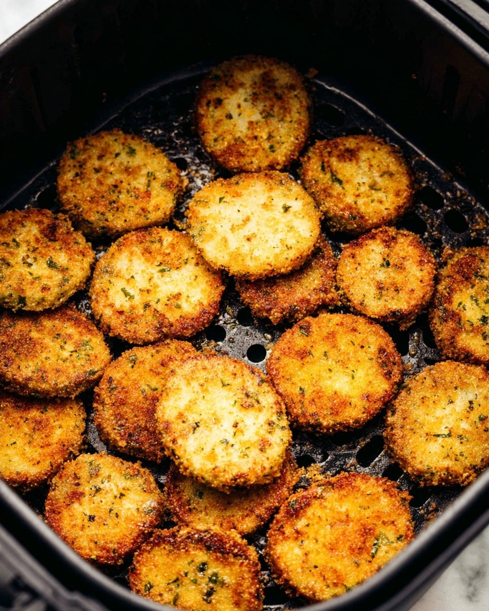 The image shows a close-up inside a black air fryer basket filled with many round, golden-brown fried slices. Each slice is evenly breaded with a crunchy texture, showing small green herbs and tiny bits of seasoning in the coating. The slices are spread out but piled in a single layer, some overlapping slightly. The air fryer basket has circular holes visible beneath the slices, and the edges of the basket curve upward. The surface beneath is not shown, but the background has been changed to a white marbled texture. photo taken with an iphone --ar 4:5 --v 7