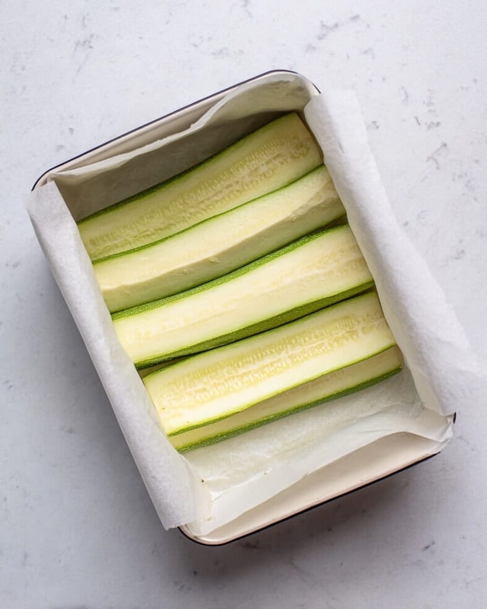 A small rectangular baking pan lined with white parchment paper holds four thin, long slices of pale green zucchini layered flat side by side. The zucchini pieces show a smooth, moist texture with light green edges and faint green inner lines, arranged neatly in the center of the pan. The pan is placed on a white marbled surface. photo taken with an iphone --ar 4:5 --v 7