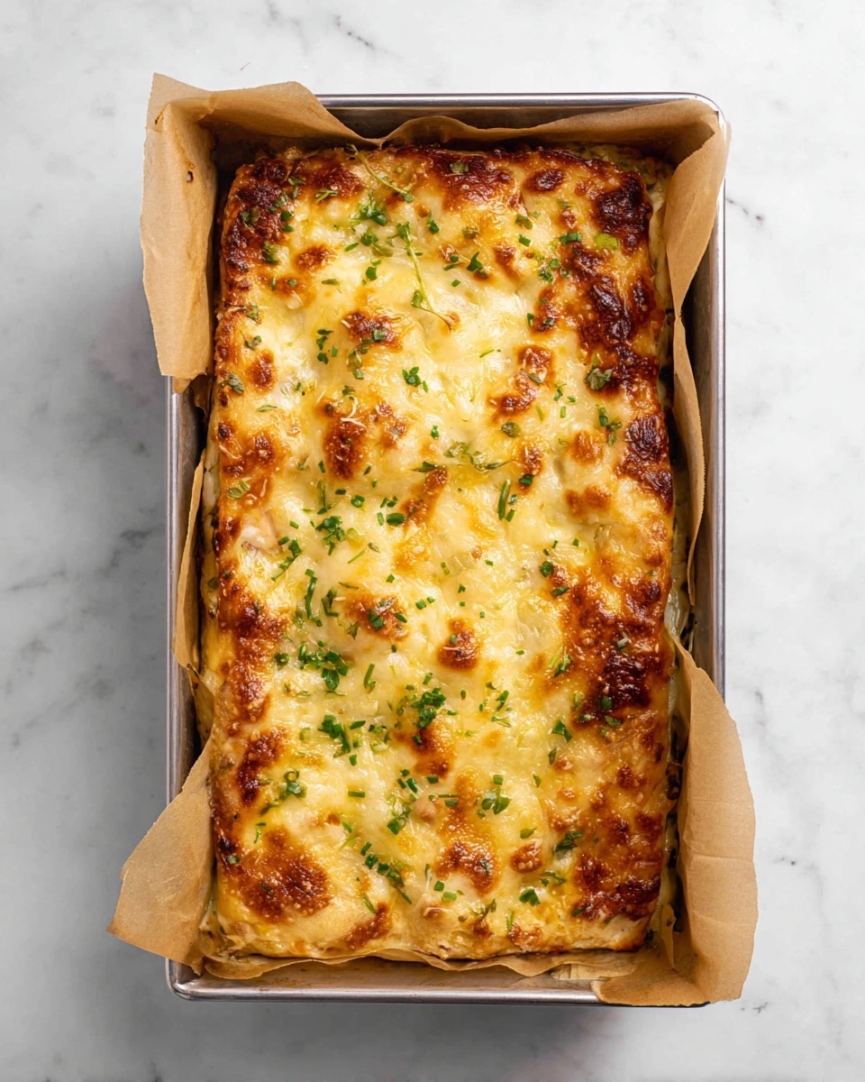 A rectangular metal baking pan lined with light brown parchment paper holds a baked dish topped with a bubbly, golden-brown layer of melted cheese. The cheese layer has an uneven texture with some darker browned spots and is dotted with small bits of chopped green herbs, giving a fresh pop of color. The dish fills the pan fully, and the edges of the parchment paper curl slightly outward. The background shows a white marbled surface. photo taken with an iphone --ar 4:5 --v 7