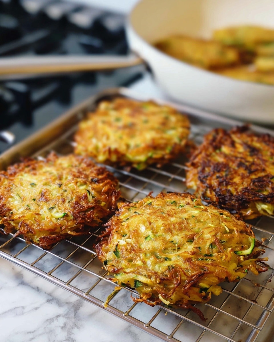 Four golden-brown, round fritters with a crispy outer layer and visible strands of shredded vegetables like zucchini and onions are cooling on a silver wire rack. The fritters have an uneven surface with some darker, toasted spots and small green flecks scattered throughout, showing the herbs inside. The rack sits inside a light metal tray, and in the blurry background, a white stovetop with a white pan holding more fritters can be seen. The scene is set on a white marbled surface. Photo taken with an iphone --ar 4:5 --v 7
