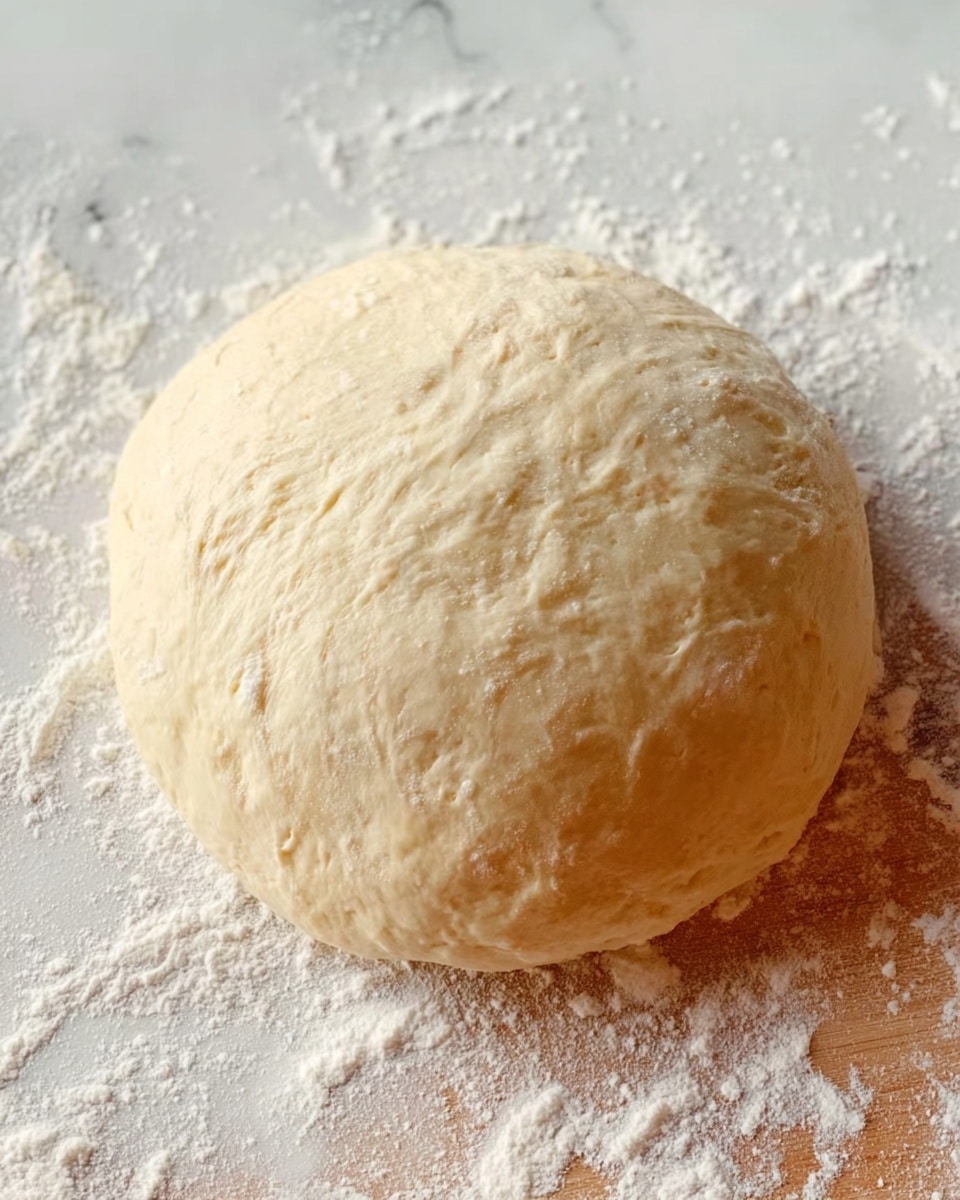 A round ball of dough with a smooth, slightly bumpy texture rests on a white marbled surface dusted with white flour. The dough is pale beige in color, slightly shiny in some spots, and looks soft and fresh. There are small patches of flour around the dough, adding a light dusting effect. photo taken with an iphone --ar 4:5 --v 7