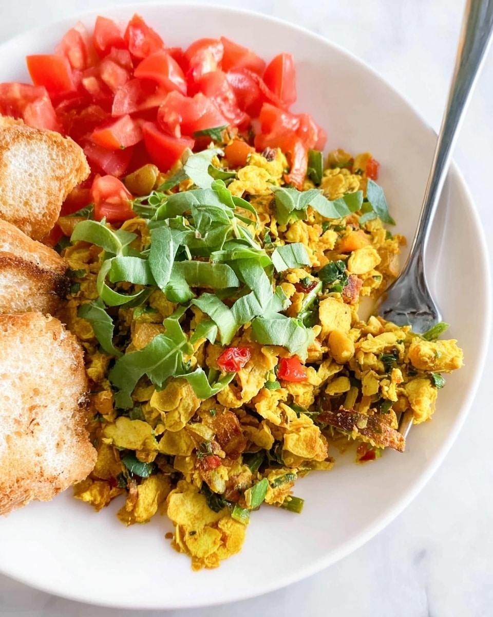 The dish shows a white plate with three parts visible: a bottom layer of scrambled yellow and green vegetables with small bits of red, giving a slightly crispy texture; on top of this are scattered fresh green herb leaves. To the upper left, there are fresh chopped red tomatoes in chunks. On the left side of the plate, there are two pieces of light tan crispy bread slices. A silver fork is placed on the right side, touching the scrambled vegetables. The background is a white marbled texture. Photo taken with an iphone --ar 4:5 --v 7