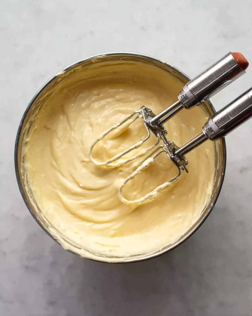 A metal mixing bowl filled with smooth, pale yellow batter that looks thick and creamy. Two silver hand mixer beaters rest inside the bowl, covered with some of the batter, showing soft peaks. The bowl is placed on a white marbled surface. The scene shows the creamy texture accentuated by soft light. photo taken with an iphone --ar 4:5 --v 7