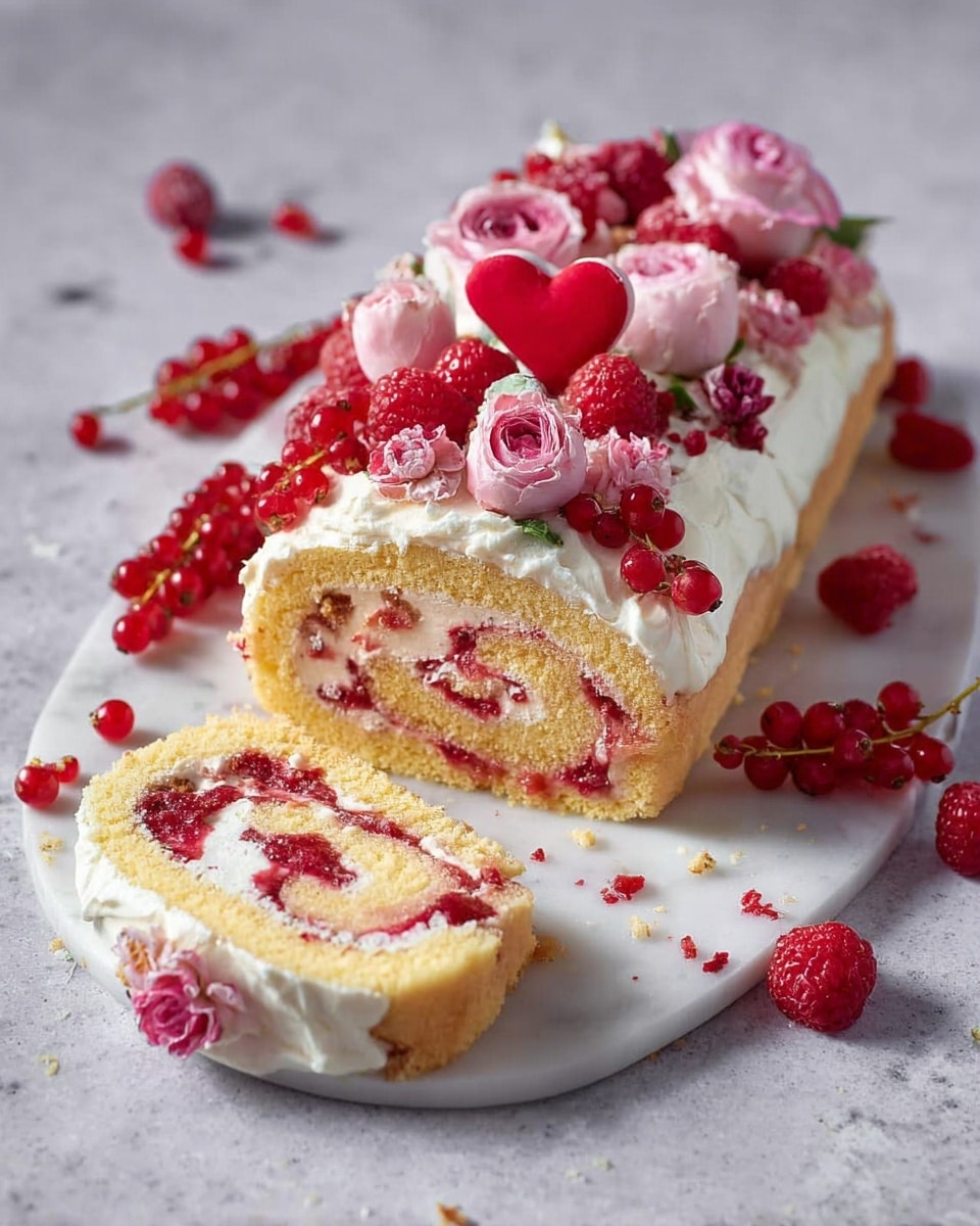 A rolled cake sits on a white marbled surface with one slice placed to the side, showing the swirled layers inside. The cake has a light yellow sponge base with white cream and red berry jam swirled through the roll. The top layer is covered thick with white cream, decorated with small pink roses, bright red raspberries, red currants, and a red heart-shaped piece. Some red berries and roses are scattered around the cake on the surface. The textures are soft and creamy with fresh, bright fruit on top. Photo taken with an iphone --ar 4:5 --v 7